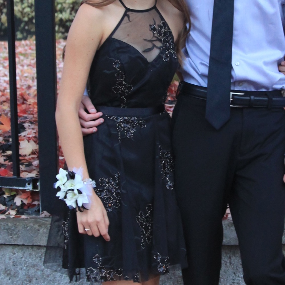 Black homecoming dress with lace detailing
